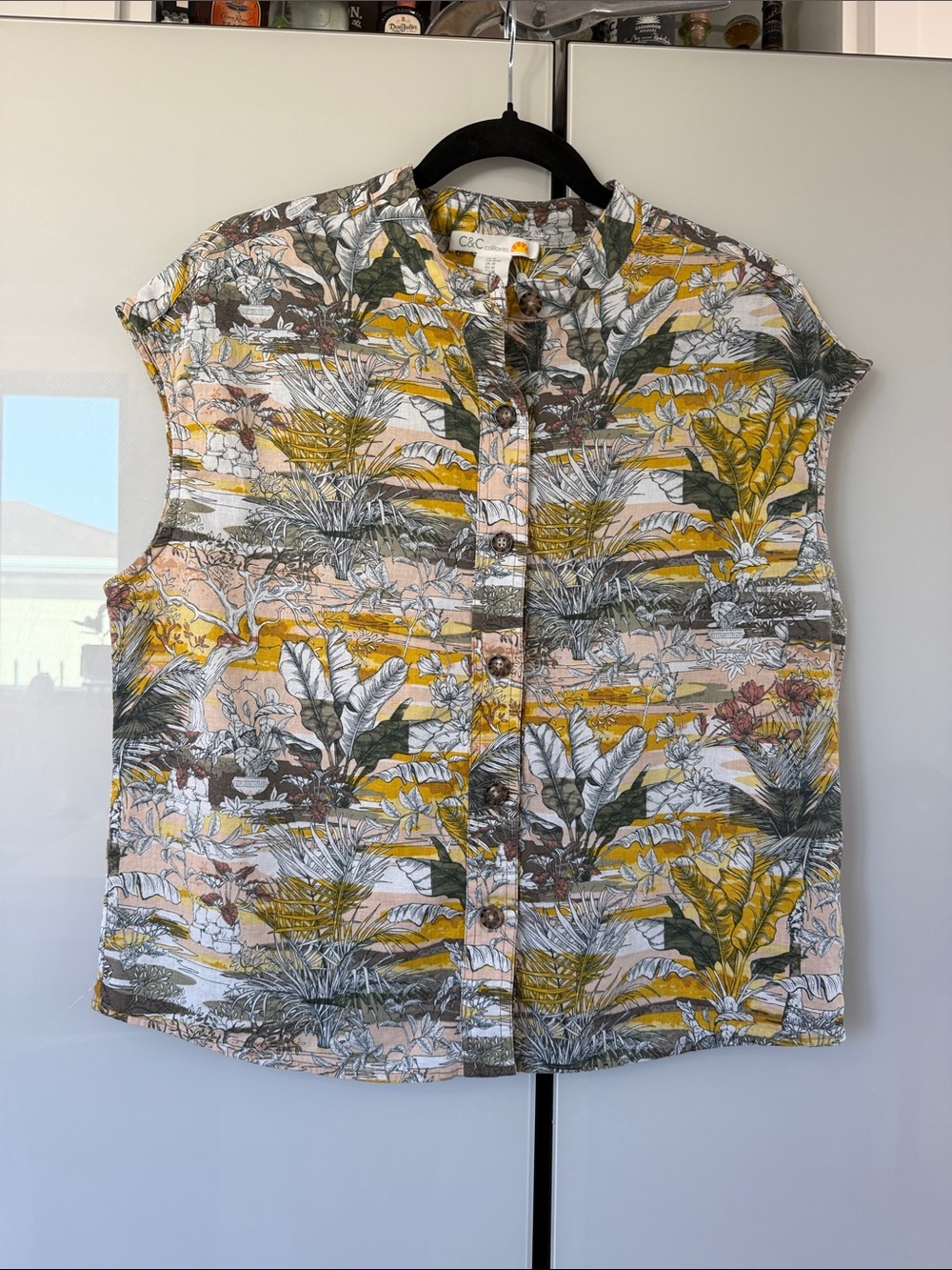 C&C California Yellow Botanical Button-Front Sleeveless Top linen blend
